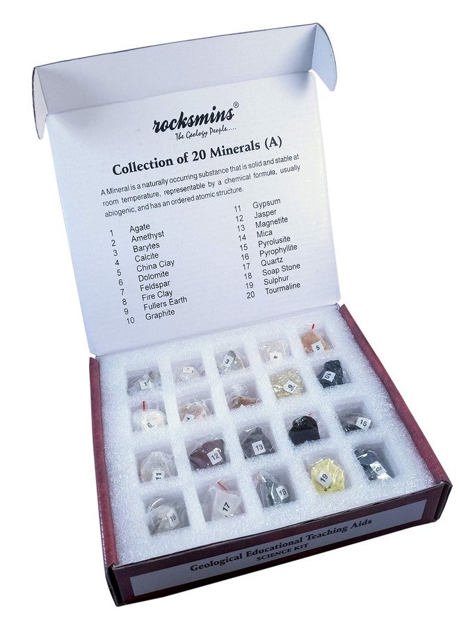 Rocksmins Collection of 20 Minerals in Beautiful Colour Box for School Education Mineral Science Kit with Agate Amethyst Calcite Feldspar Gypsum Hematite Jasper Magnetite Quartz Soap Stone Tourmaline - Image 2